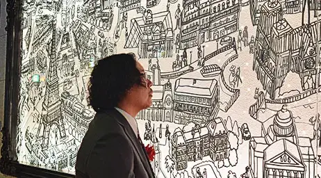 天神地下街にある石井悠輝雄さんの絵を使ったアイアンアート